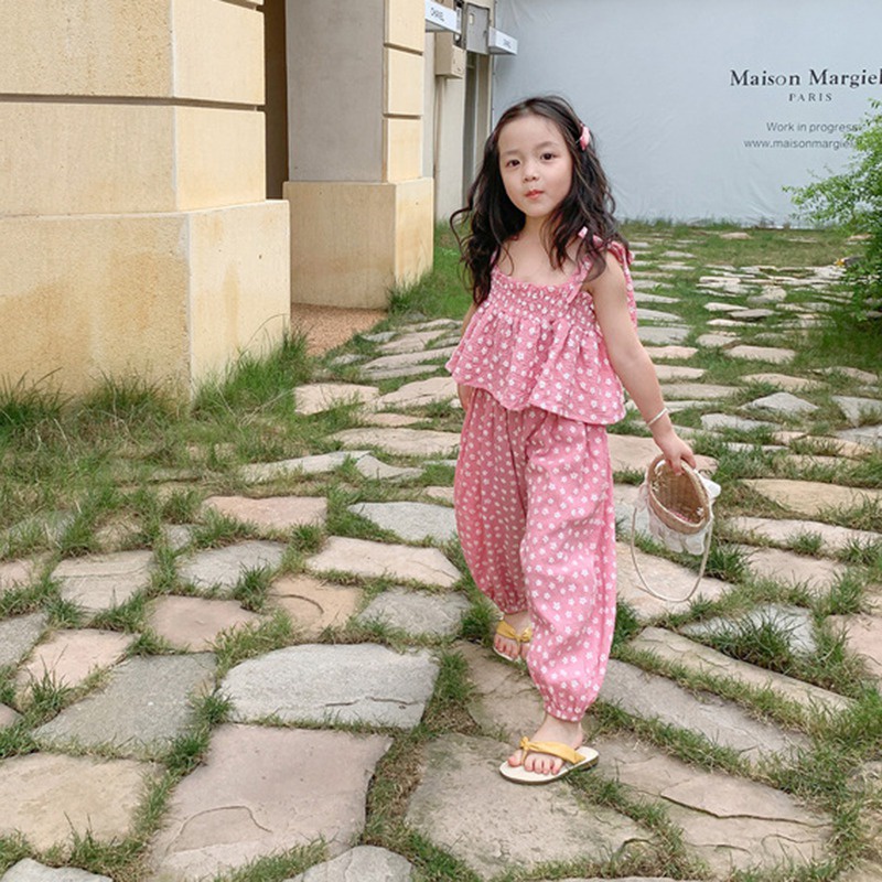 Se7en Bộ Áo Hai Dây In Hoa + Quần Dài Chống Muỗi Mùa Hè Cho Bé Gái