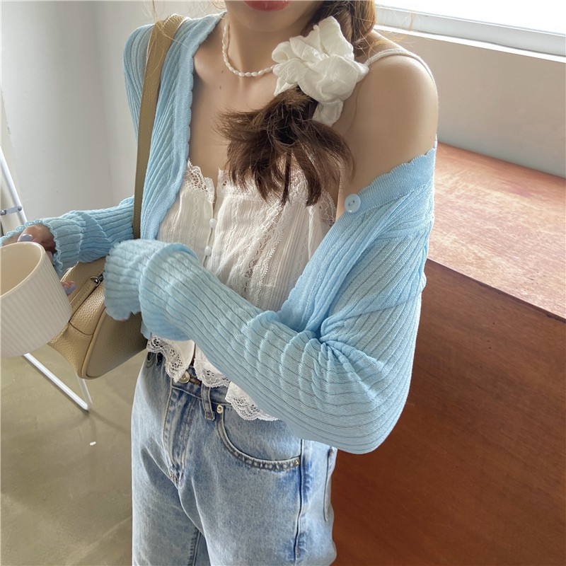 Xiaozhainv Áo hai dây ren/Áo cardigan chống nắng dệt kim tay dài thời trang mùa hè cho nữ (mua lẻ)