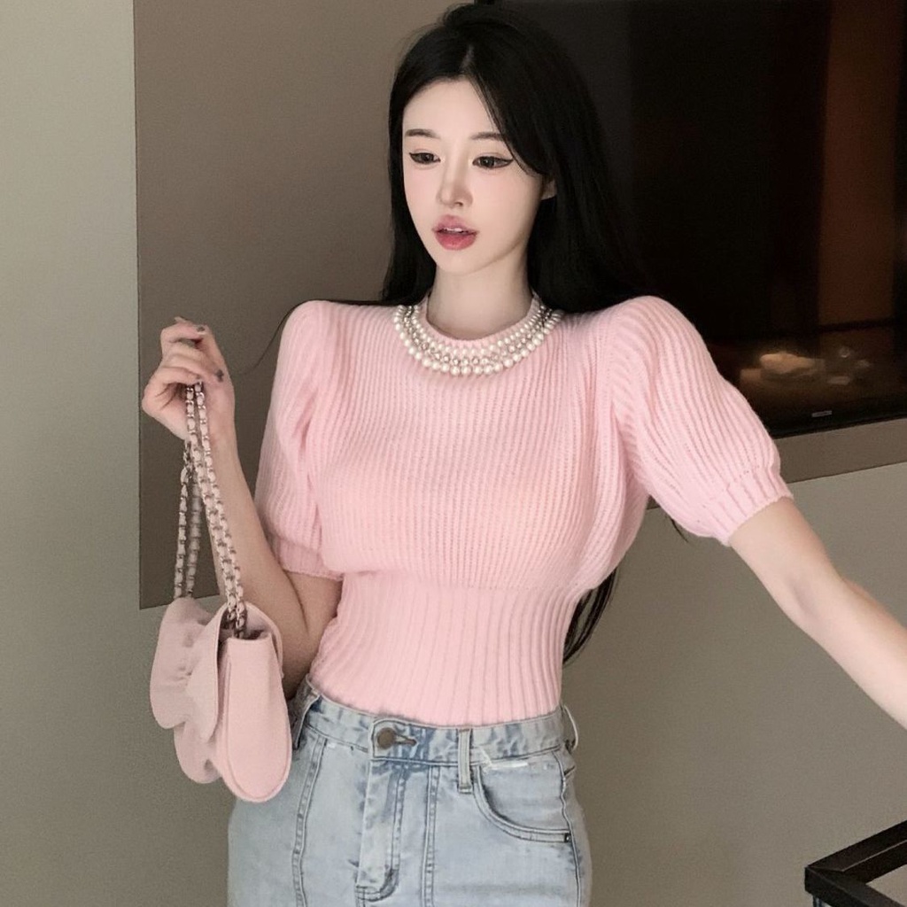 Áo kiểu dáng ngắn tay phồng thời trang mùa hè màu hồng ngọt ngào dành cho nữ