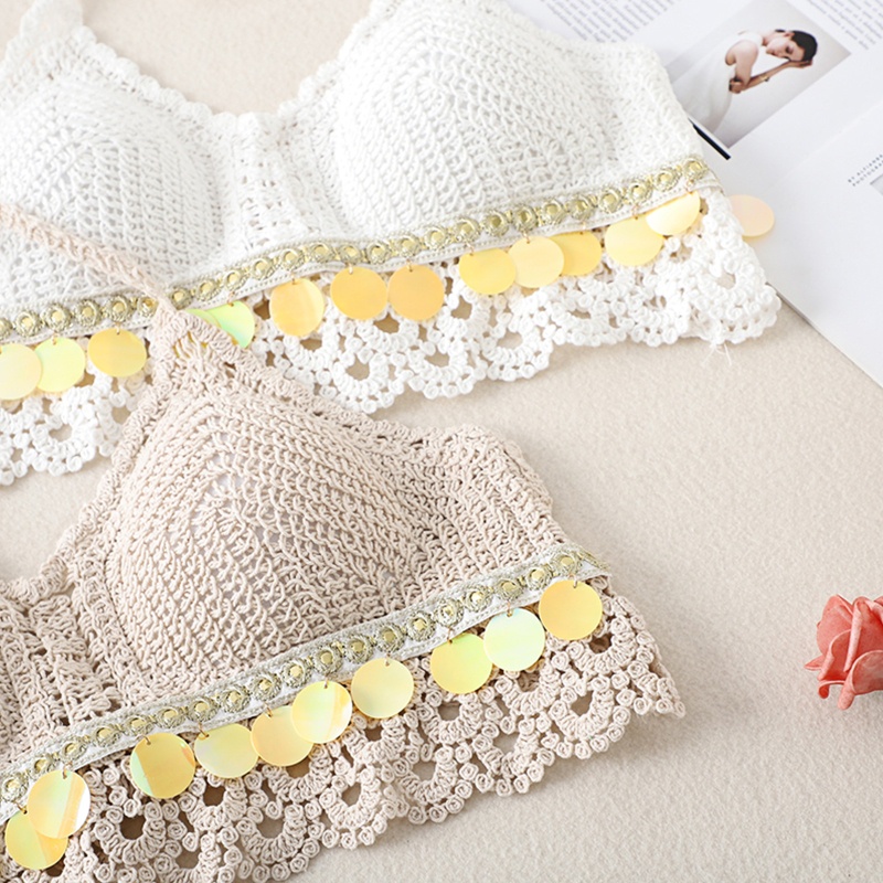 Brroa Áo Bikini Dạng Croptop Cổ Chữ V Hở Lưng Móc Tua Rua Đính Kim Sa Tròn Quyến Rũ Cho Nữ Đi Biển