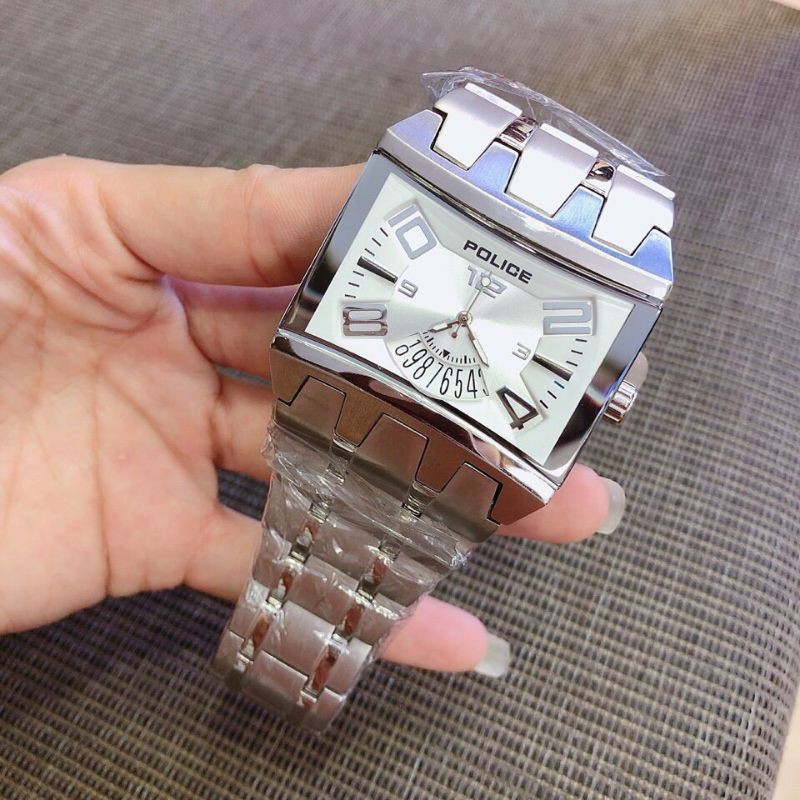 Đồng Hồ Police Mặt Vuông Cá Tính Cho Nam Dây Bạc Mặt Trắng Size 43mm