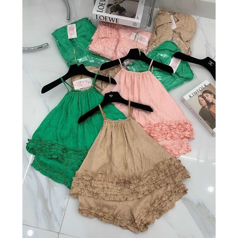 Set bộ áo yếm quần short nhún bèo tầng VẢI ĐŨI NHĂN TU