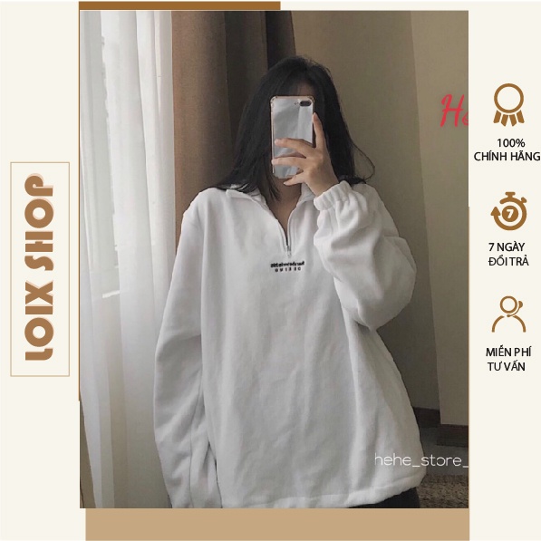 Áo sweater áo hoodie unisex form rộng trắng lót lông, áo nỉ thêu chữ Thar phối khóa cổ LOIX 593