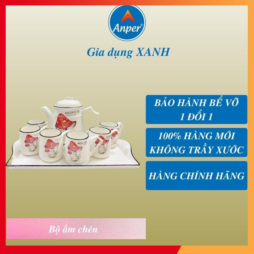 Bộ Ấm Trà Sứ Tráng Men Hàn Quốc 1 Bình Cao 6 Ly Hình Hoa Cao Cấp Sang Trọng, Bộ ấm chén uống trà hiện đại làm quà tặng.