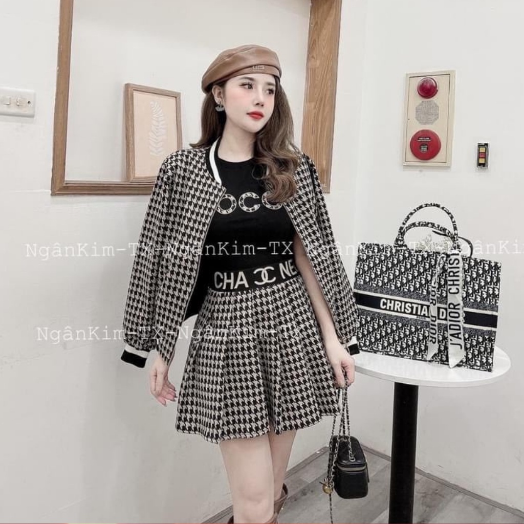 set chân váy xếp ly 2 lớp vải dạ, áo khoác dạ, áo thun 3 món siêu sinh. | BigBuy360 - bigbuy360.vn