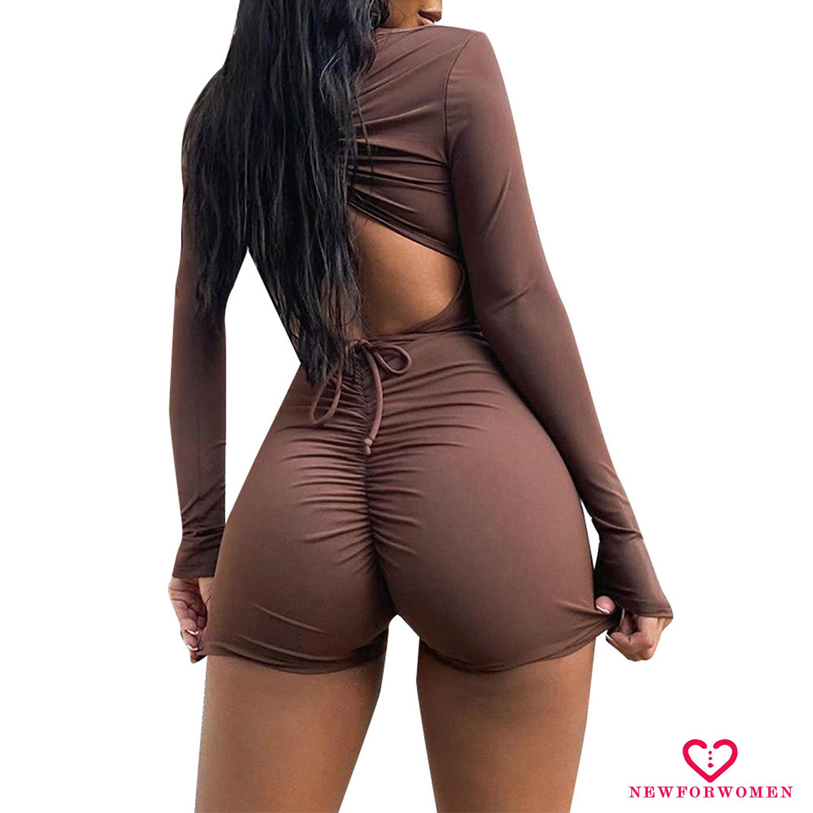 Jumsuit Tay Dài Cổ Chữ V Màu Nâu Trơn Gợi Cảm Cho Nữ | BigBuy360 - bigbuy360.vn