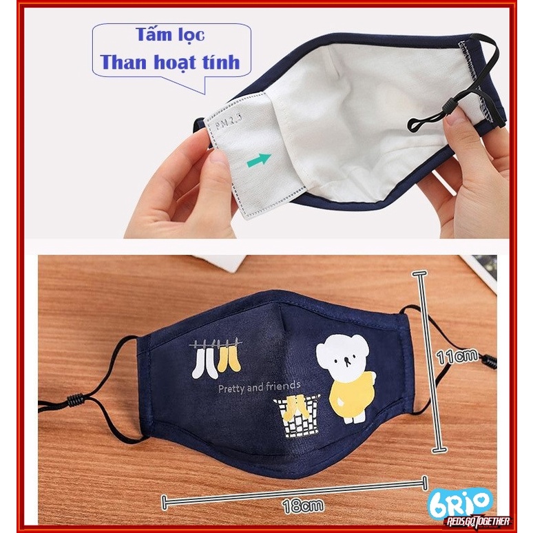 Khẩu trang vải cho bé có nút điều chỉnh quai, tặng kèm 2 miếng than hoạt tính
