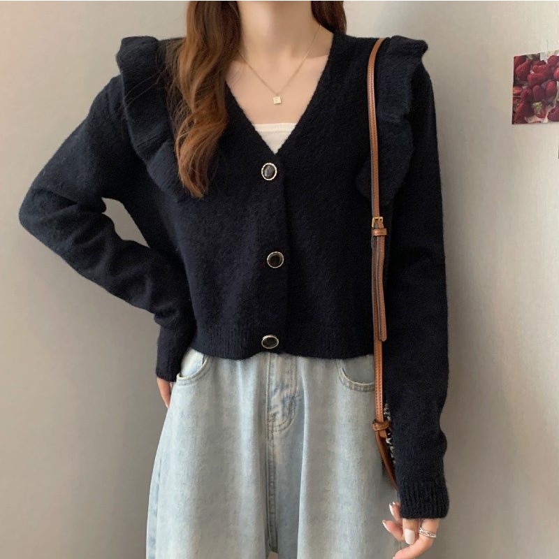 Áo cardigan dệt kim cổ chữ V tay dài nhún bèo thời trang mùa thu dễ phối đồ