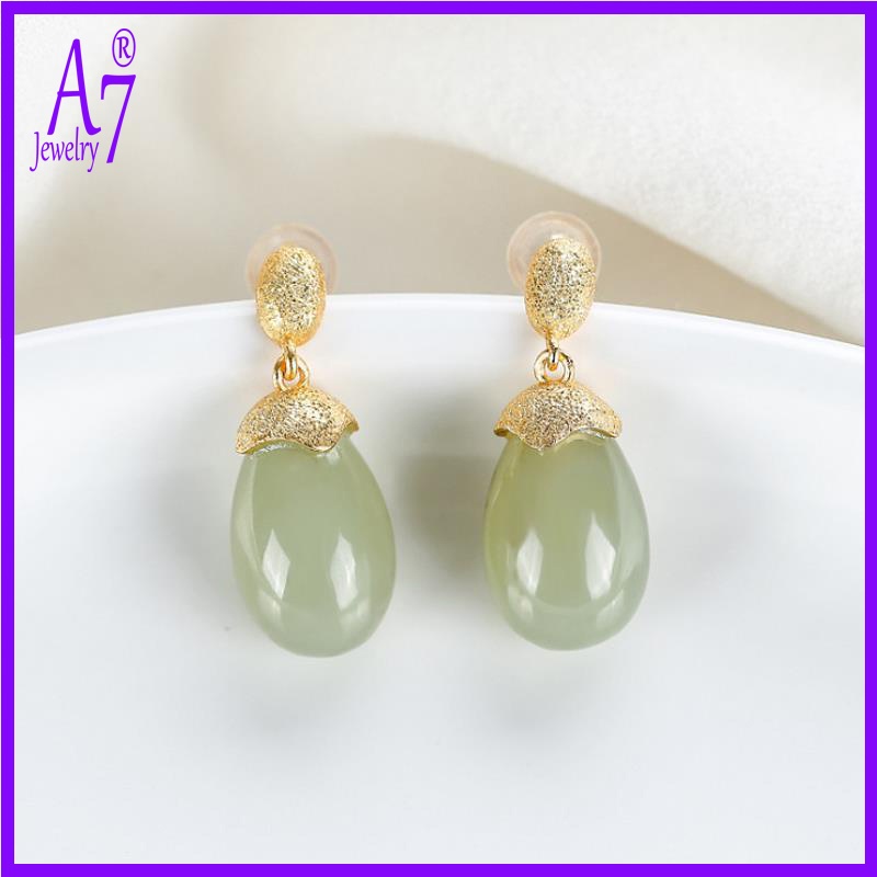 Bông Tai Mạ Bạc 925 Đính Đá Ngọc Bích Màu Xám Sang Trọng A7 S925