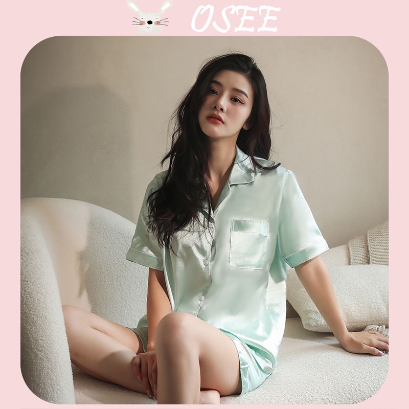 Bộ Đồ Ngủ Bằng Lụa satin Tay Ngắn Mỏng Nhẹ Màu Kẹo Ngọt Sang Trọng Dành Cho Nữ