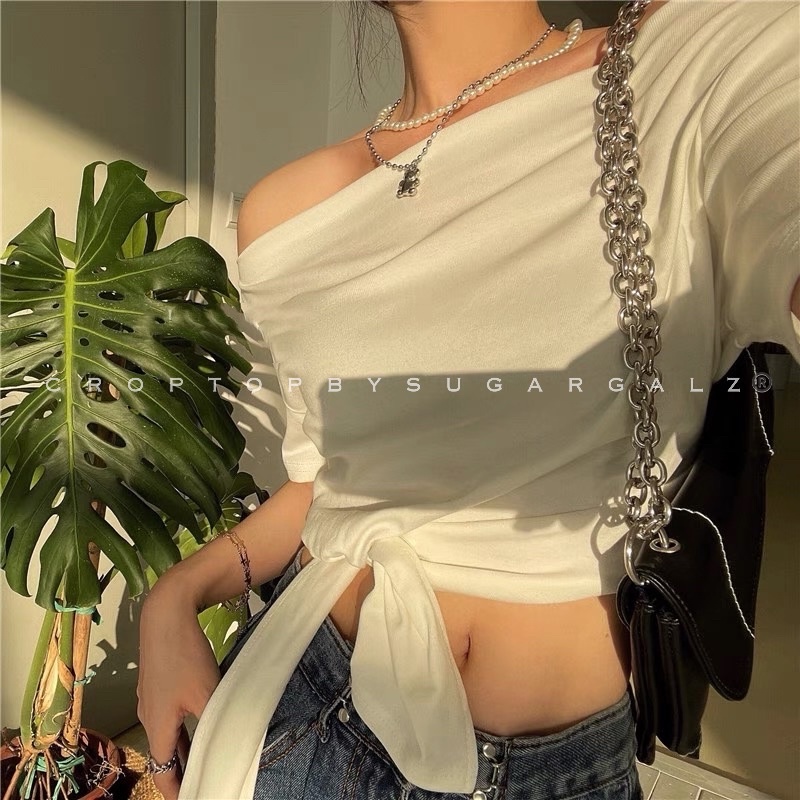 Áo croptop trễ bẹt vai kèm nút thắt cột nơ tay lỡ - by SGGz