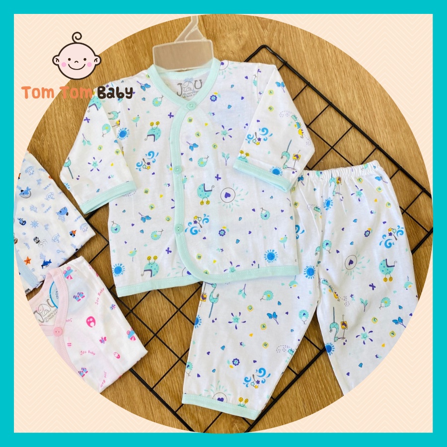 Bộ quần áo sơ sinh Tay Dài Cài Xéo Họa Tiết JOU, chất vải cotton 100% cao cấp mềm, mịn, thoáng mát, hàng giao giống hình