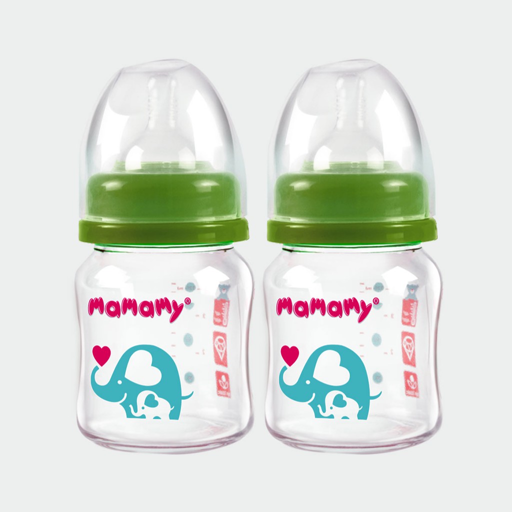 Combo 2 Bình sữa thủy tinh cổ rộng 120ml Mamamy chống săc, chống đầy hơi, an toàn cho bé