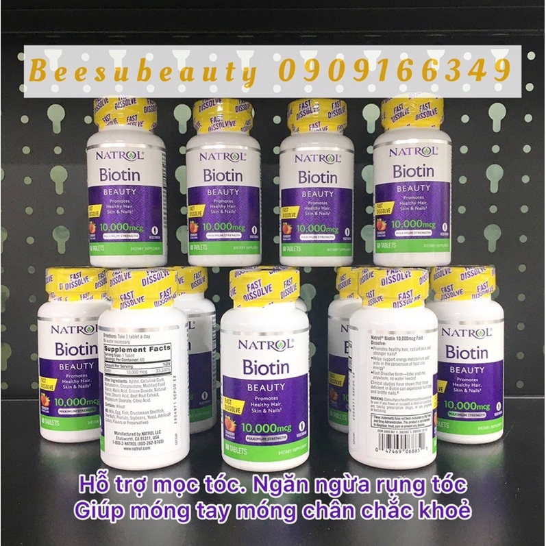 Natrol Biotin 10000mcg 60v hỗ trợ mọc tóc, cải thiện tình trạng rụng tóc