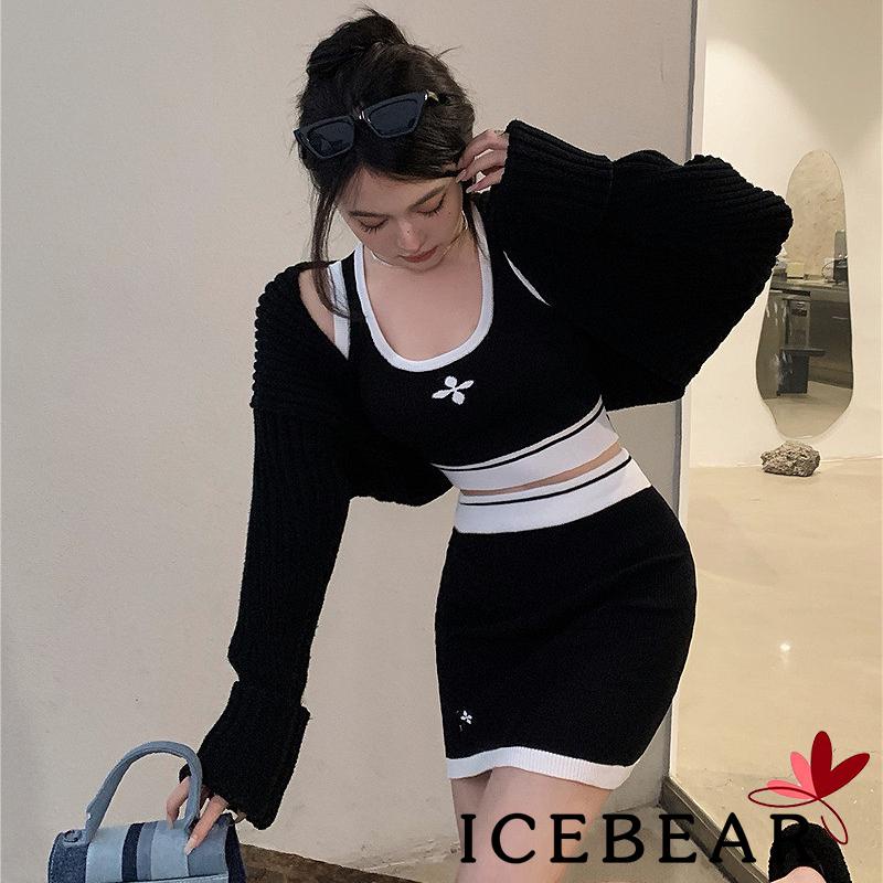 Set Đồ 2 Món Gồm Áo Dệt Kim Không Tay Cổ Chữ U + Chân Váy Ngắn Lưng Cao Màu Sắc Tương Phản Cho Nữ