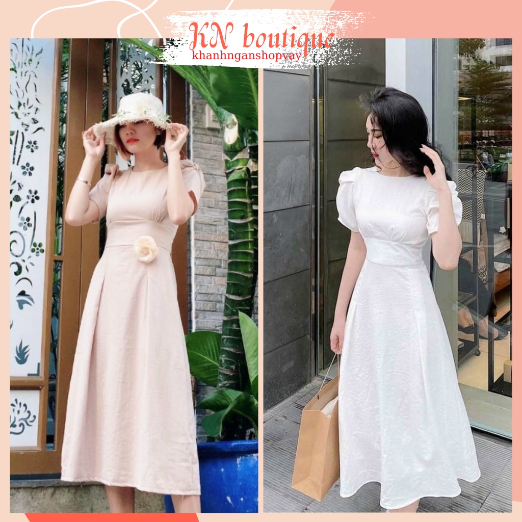 Váy trắng đẹp dự tiệc đầm nữ xòe dáng dài dạo phố màu nude chất liệu linen K N Boutique
