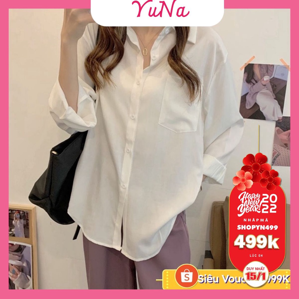 Áo sơ mi nữ Maika  form rộng dài tay màu trắng lụa hàn mát mịn phong cách Ulzzang Hàn Quốc