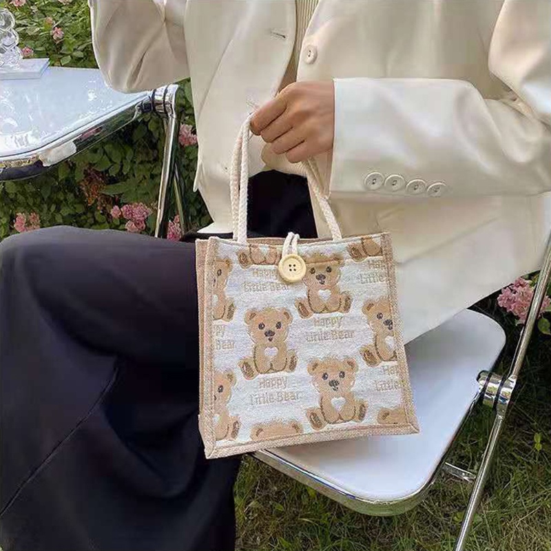 Túi Xách Vải Canvas In Hình Gấu Dễ Thương Phong Cách Nhật Bản Cho Nữ