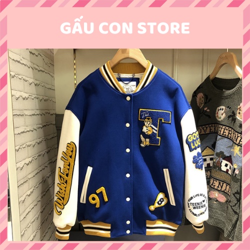 Áo khoác bomber nỉ dù form rộng thêu chữ áo khoác nam nữ unisex gấu con mã T01
