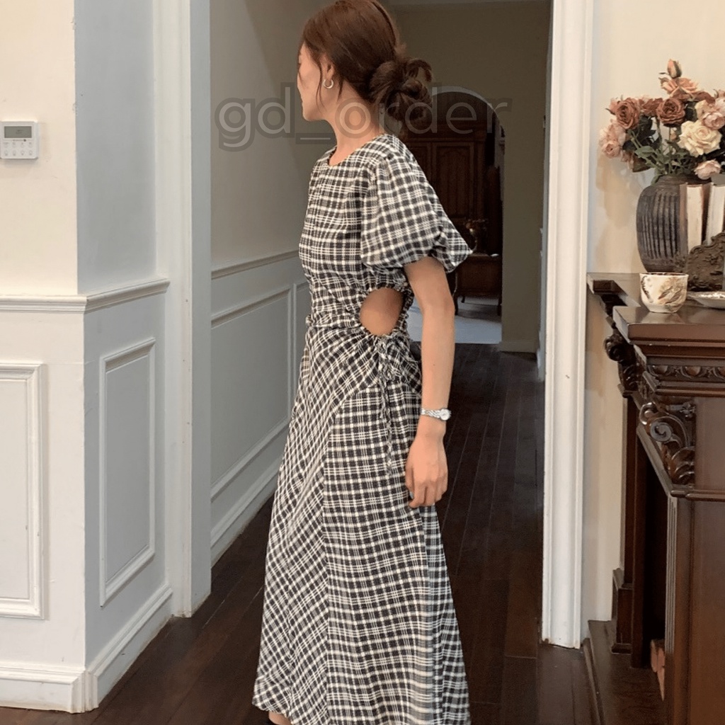 D5|Đầm nữ mùa hè khoét eo cổ tròn dây rút hoạt tiết caro nhẹ nhàng gd_order