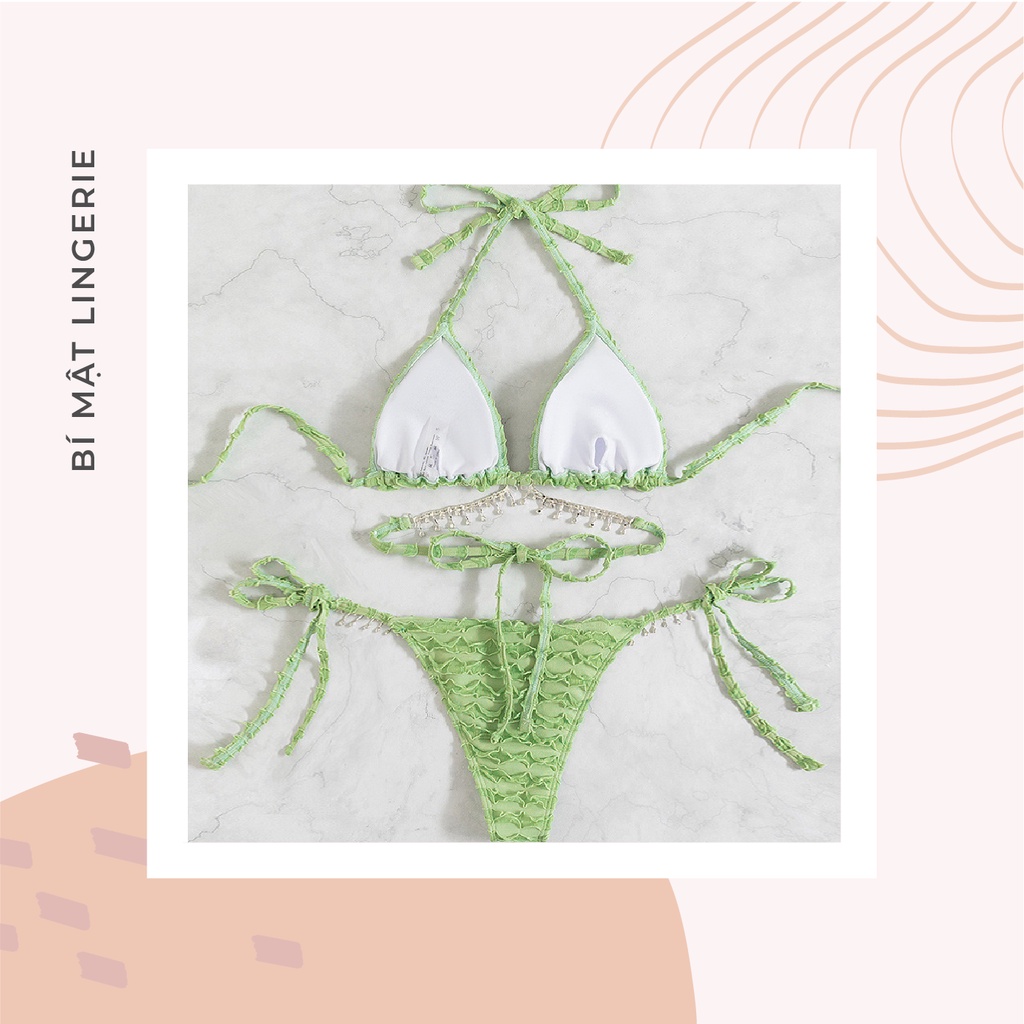 Bikini đồ bơi sexy buộc dây xanh bơ kèm dây đính đá lấp lánh vải nhún tôn da