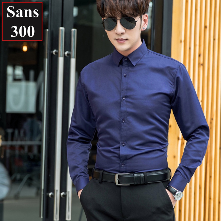 Áo sơ mi nam dài tay Sans300 trơn basic cotton lụa mỏng mát nhẹ màu trắng đen xanh dương than đẹp cao cấp không nhăn