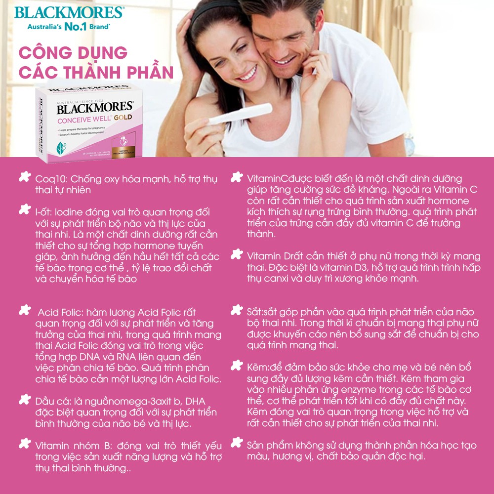 [Chính hãng Úc] Viên uống tăng khả năng thụ thai, bổ trứng cho nữ giới Conceive Well Gold Blackmores Úc 56 viên-Date mới