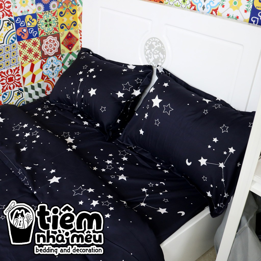 Set Chăn Ga Gối Cotton 4 Món Họa Tiết Ngôi Sao đen ( Full Size)