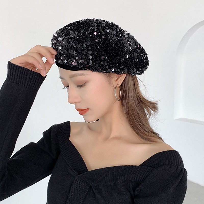 Mũ Beret Đính Sequin Lấp Lánh Phong Cách Hàn Quốc Thời Trang Thu Đông Cho Nữ