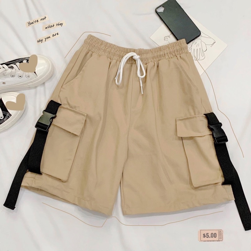 Quần Short Kaki Unisex PACI màu ĐEN/BE  Nam nữ unisex  Quần short lưng thun túi hộp phối dây belt