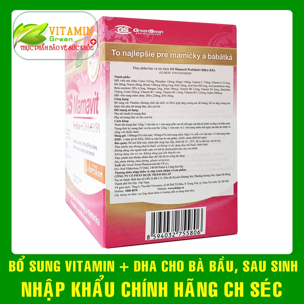 Vitamin tổng hợp DHA sắt Acid folic cho bà bầu trước và sau sinh Gs Mamavit | Nhập khẩu chính hãng CH Séc