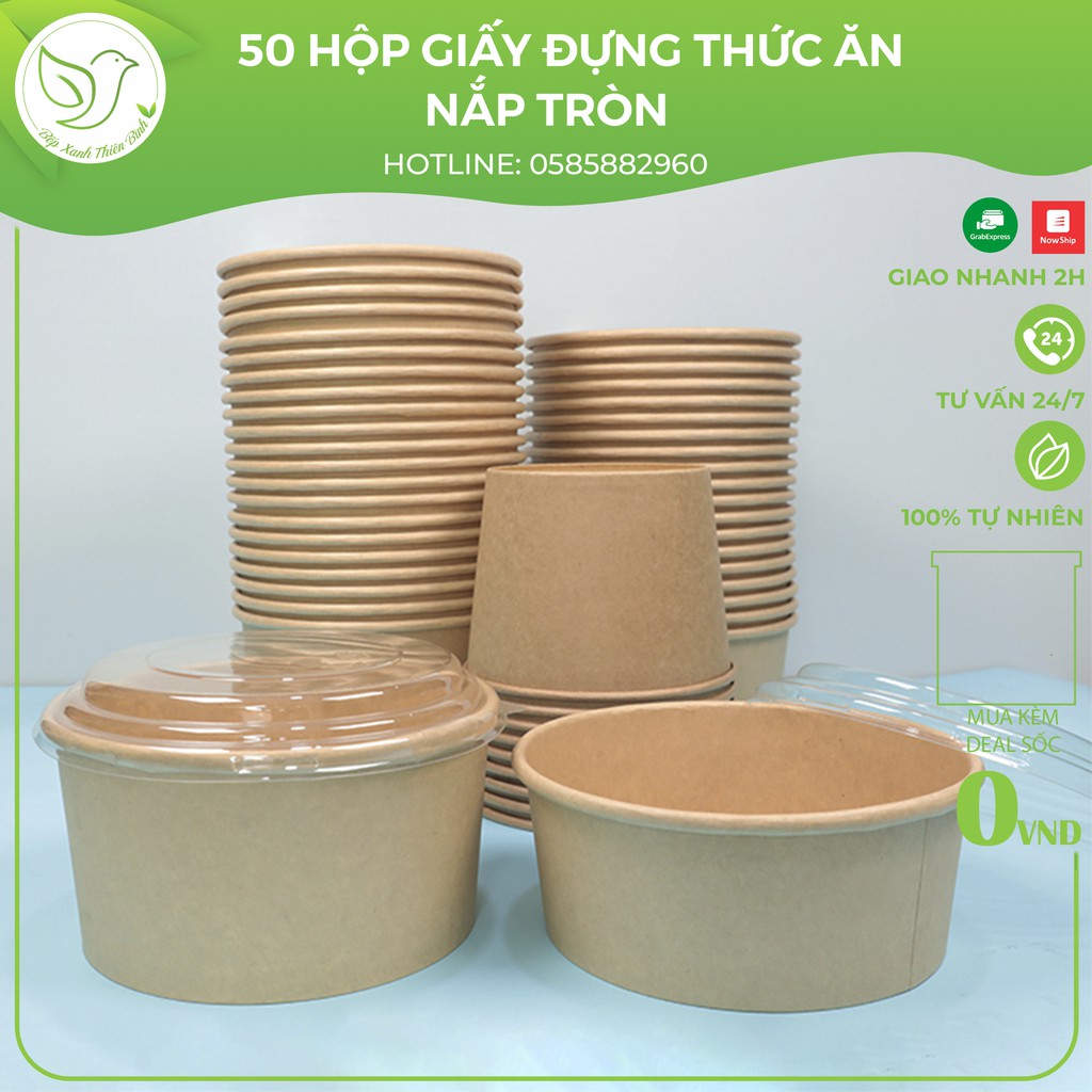 50 Tô giấy Kraft Salad nâu đựng thức ăn, salad, bánh bông lan có nắp PP, nắp pet chịu nhiệt nhiều kích cỡ - Combo 50 cái