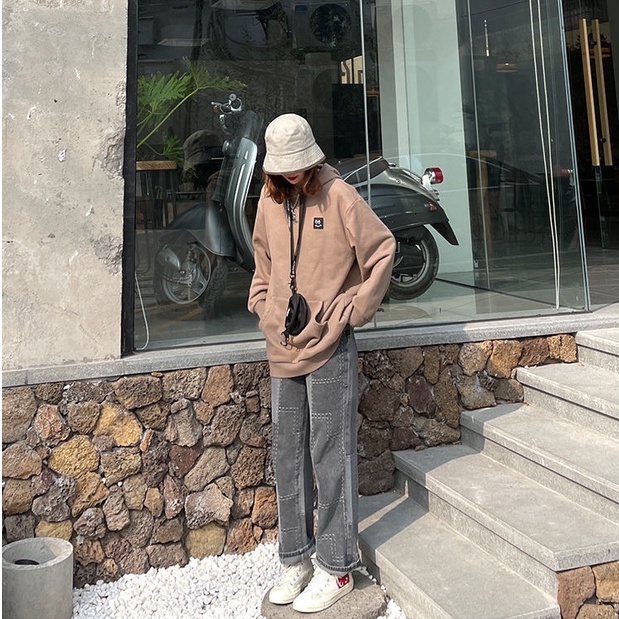 Quần Jean Dài Lưng Cao Dáng Suông Rộng Màu Đen Có Size Lớn