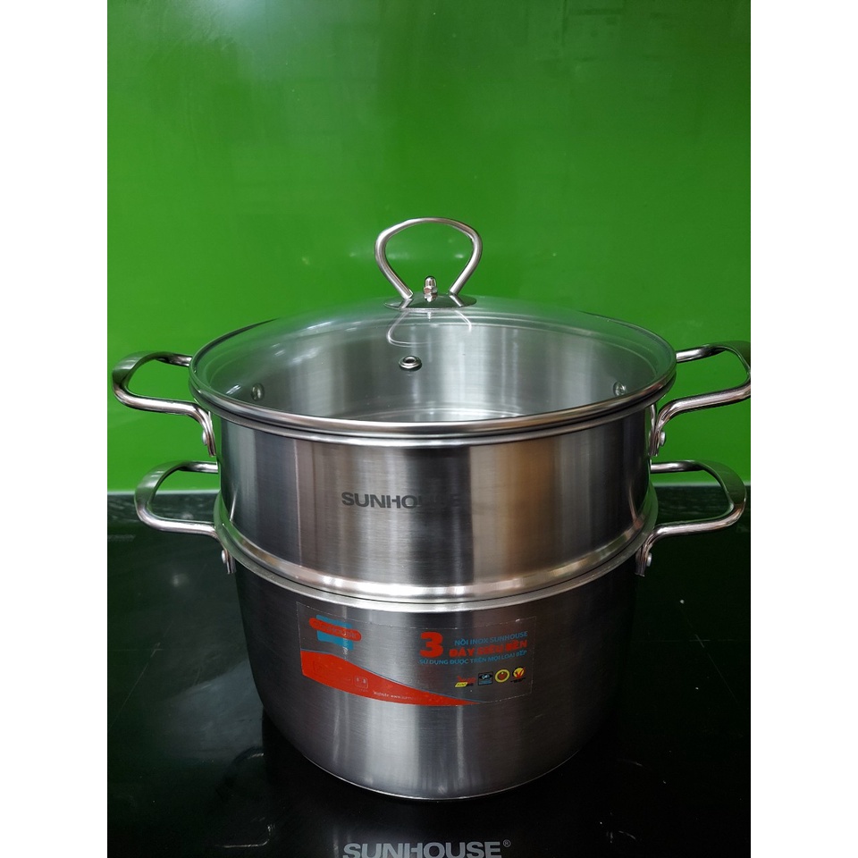 NỒI LUỘC GÀ INOX SUNHOUSE 28CM KÈM XỬNG HẤP (1 ĐÁY) HOẶC BỌ NỒI XỬNG 24CM (3 ĐÁY)