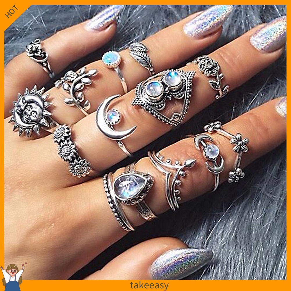 [Hàng Có Sẵn] Set 14 Nhẫn Đeo Giữa Ngón Tay Hình Hoa Hướng Dương Mặt Trăng