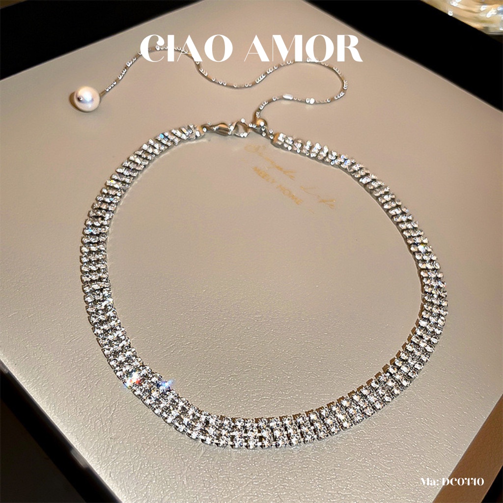 Choker nữ, Dây chuyền nữ titan đính đá lấp lánh 3 mảnh thẳng đơn giản có dây sau Trang sức Ciao Amor - DC0440