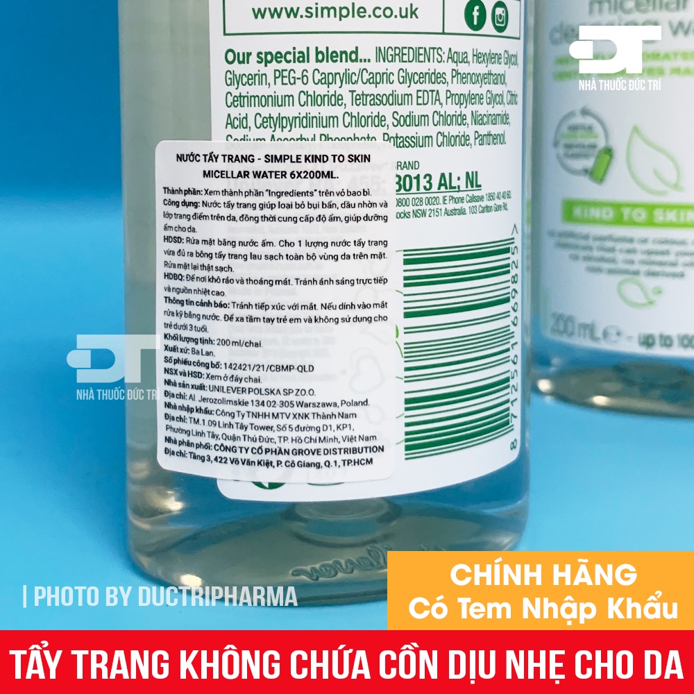 Nước tẩy trang dịu nhẹ không chứa cồn Simple Kind to Skin Micellar Cleansing Water 200ml