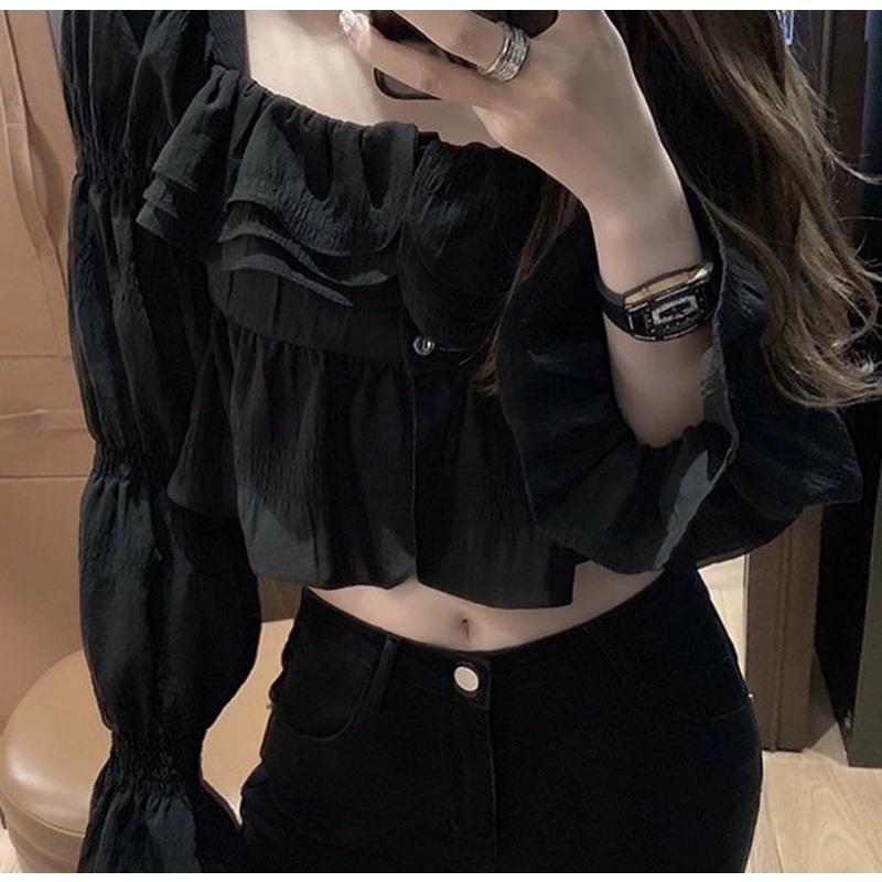 Áo Kiểu Đen Tay Dài Thiết Kế Phối Bèo Tay Nhún Chất Xốp Phong Cách Hàn Quốc