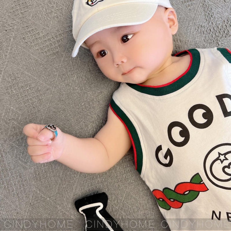 Bộ Áo Liền Quần Bằng Cotton Không Tay In Chữ Thời Trang Mùa Hè Dành Cho Bé Sơ Sinh