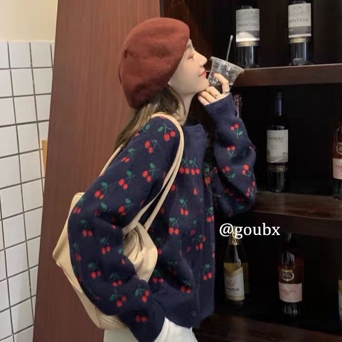 Áo khoác cardigan dệt kim dáng rộng họa tiết quả cherry phong cách hàn quốc thời trang cho nữ