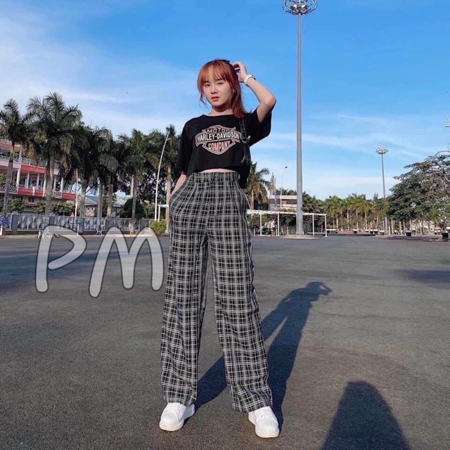 Sét áo Croptop COMPANY+quần karo cúc bụng