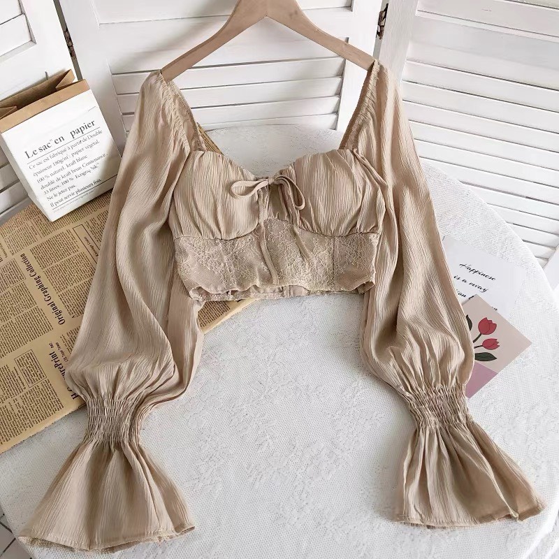 Áo croptop tay dài YUNA tay bồng  thân kiểu dáng corest có đệm mút siêu hách dáng, thời trang nữ YUNA_A004