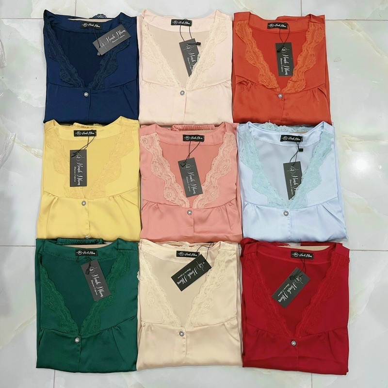🔥HOT🔥 Bộ lụa lửng mặc nhà tay ngắn cổ v viền ren lụa satin siêu đẹp