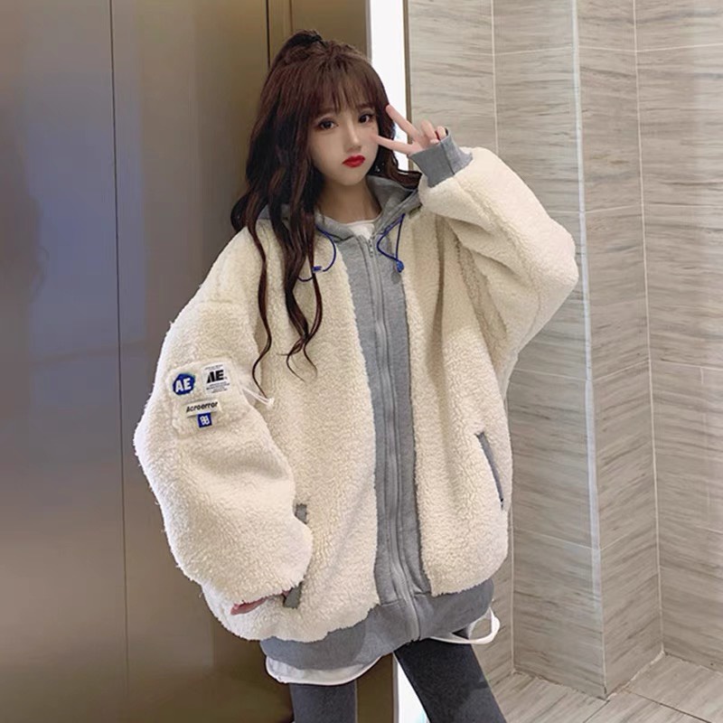 Áo Khoác Nữ, Áo Khoác Lông Phối Mũ Nỉ Logo Thêu phong cách Hàn/Hường khểnh Shop.
