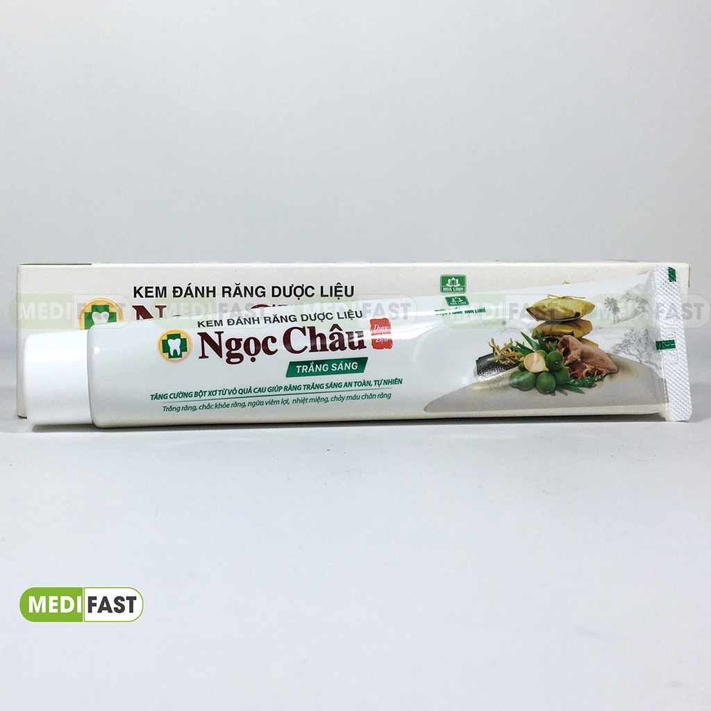 Kem đánh răng dược liệu Ngọc Châu Trắng Sáng tuýp 125g giúp tẩy trắng răng từ xơ cau khử mùi hôi, giảm sâu răng