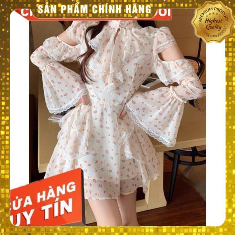 QUẢNG CHÂU ĐẸP ĐỘC LẠ Đầm váy nữ hoa vintage ulzzang tay dài loe khoét tiểu thư xoè SIÊU HOT