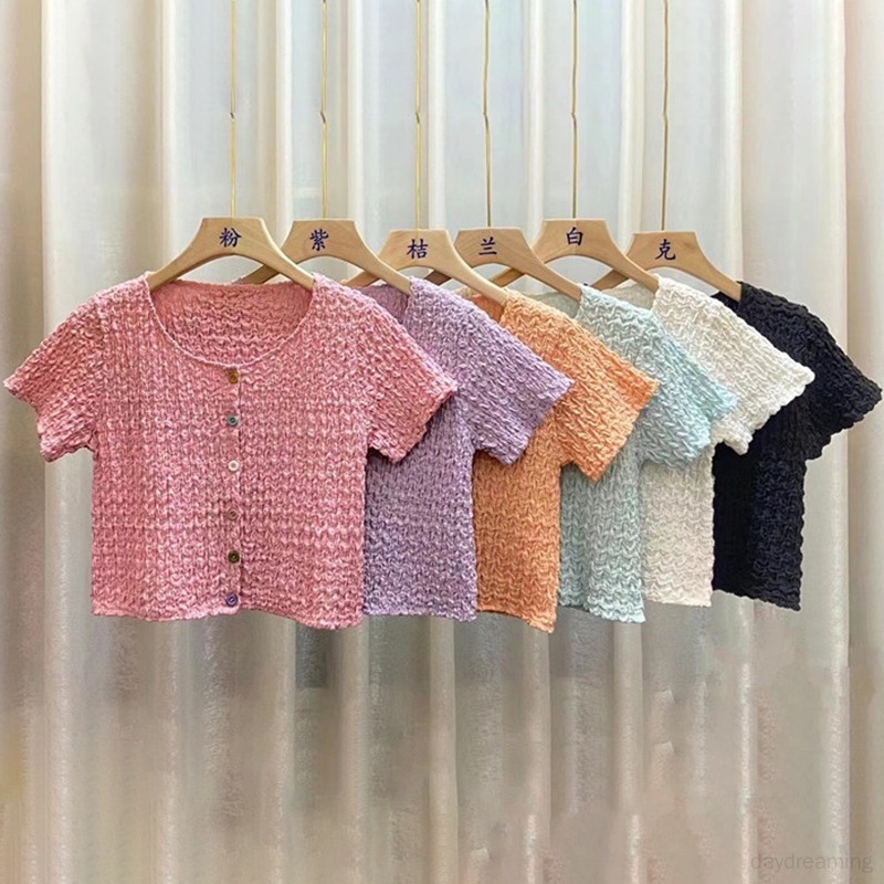 Áo Croptop Cổ Vuông Tay Ngắn Màu Sắc Đơn Giản Phong Cách Hàn Quốc Cho Nữ