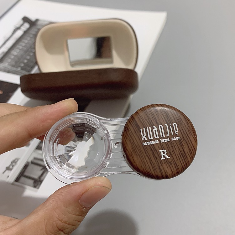 Hộp đựng kính áp tròng bằng da họa tiết vân gỗ phong cách Nhật Bản cổ điển