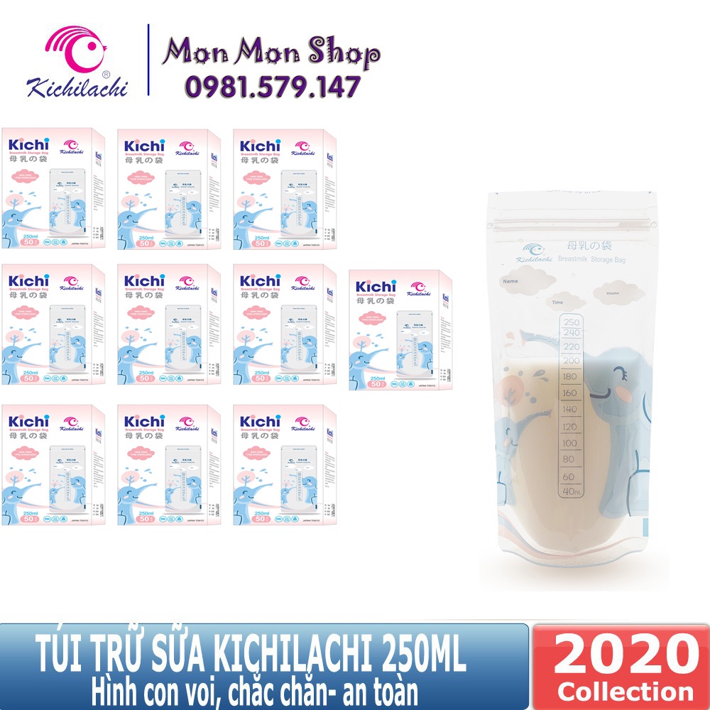 Combo sỉ 10 / 15 /20 hộp 50 Túi trữ sữa, túi đựng sữa mẹ Kichilachi 250ml voi con, 2 khóa zipper chắc chắn