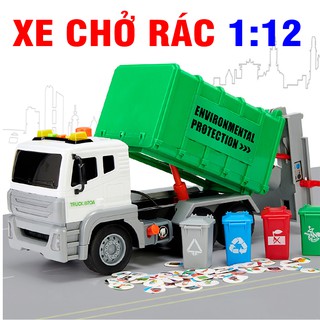 Mô hình xe chở rác đồ chơi trẻ em có âm thanh và đèn nâng được thùng rác mô hình tỉ lệ 1:12